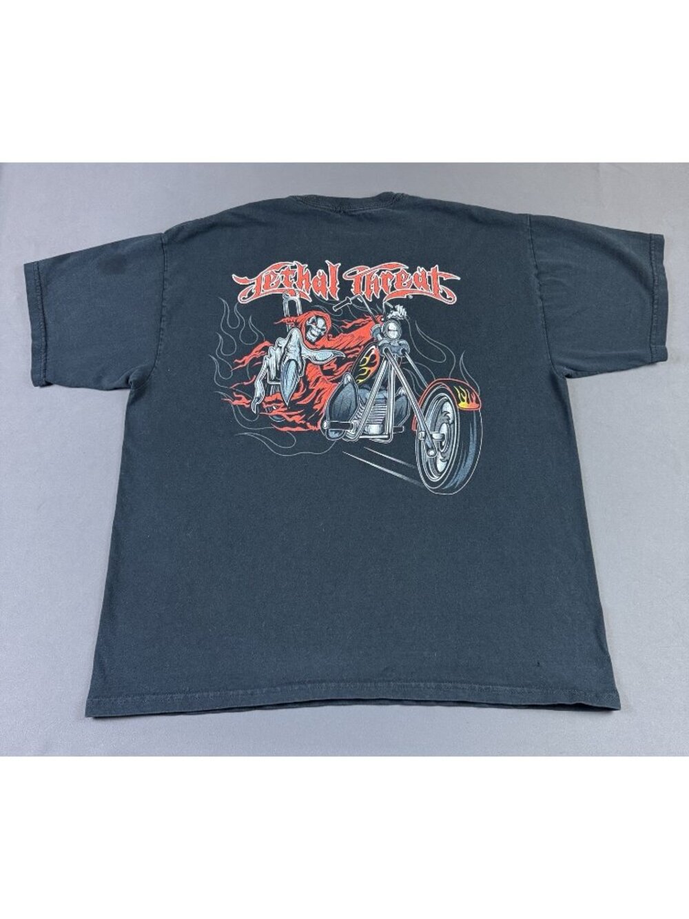 Rare Vintage Y2K Lethal Threat Chopper Biker Flames Skull Sun Fade Black XL Tee